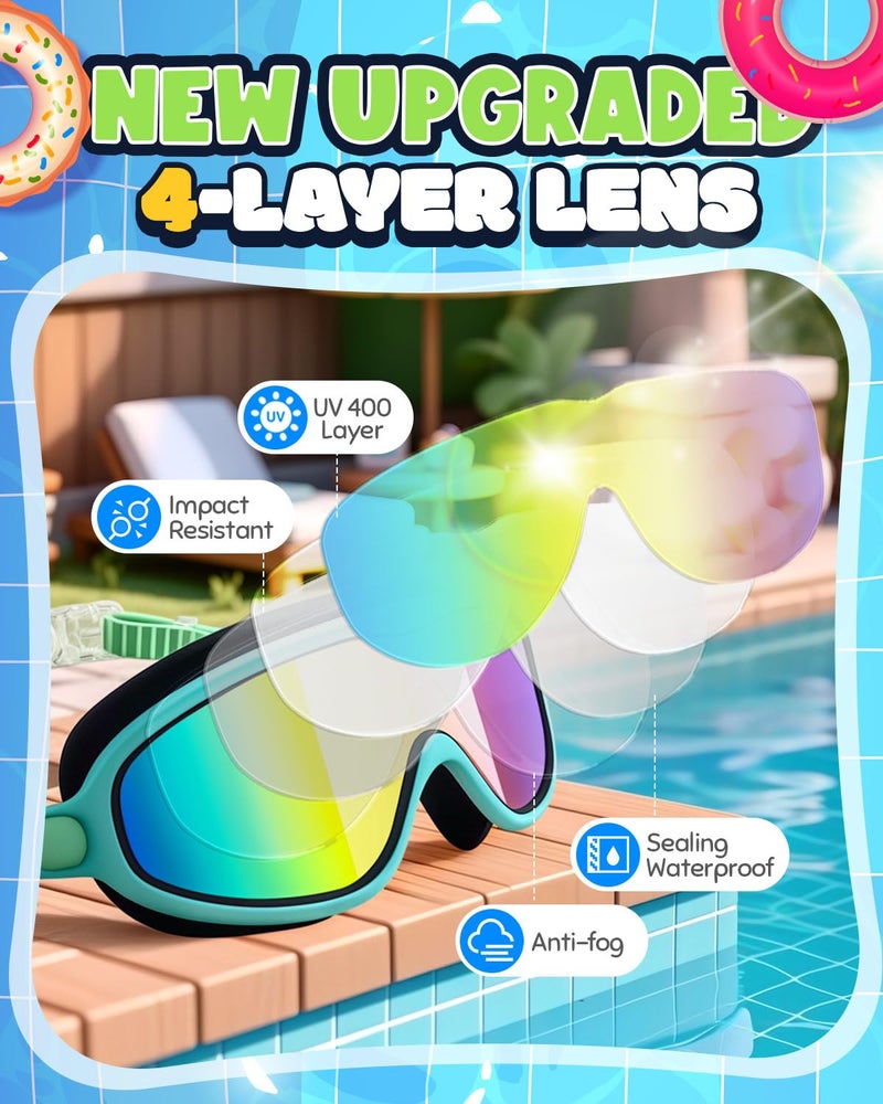 Rantizon Kids Swimming Goggles 2 Pack, Anti Fog&UV Kids Goggles for Boys Girls, No Leak Wide View Swim Goggles for Child 3-14 - Image 3