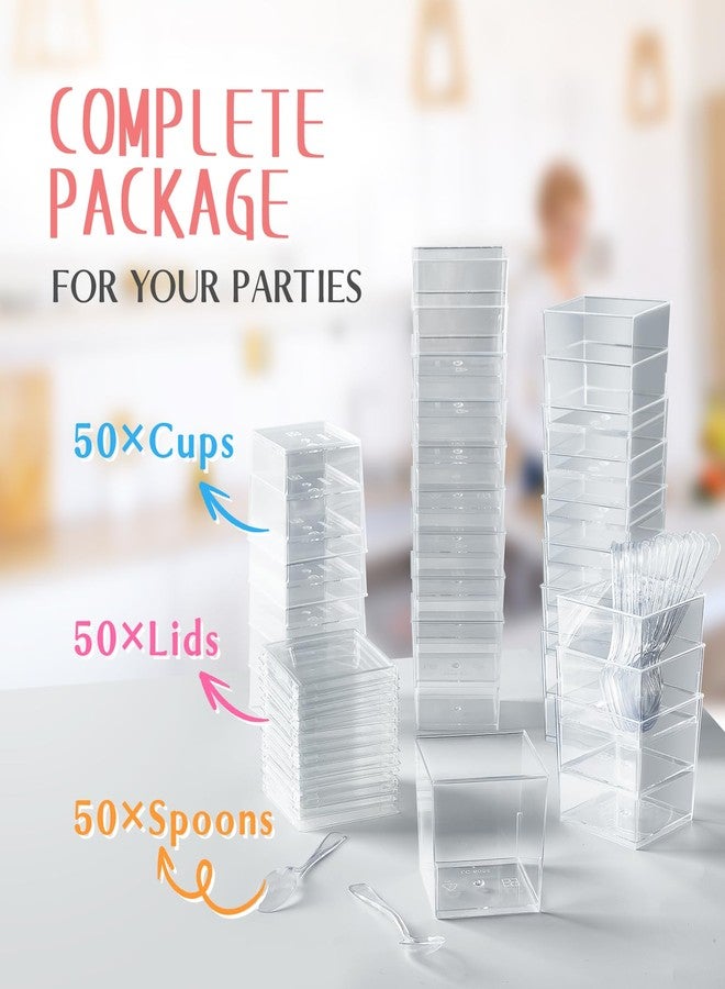 Qeirudu 5 oz Square Dessert Cups with Lids and Spoons, 50 Pack Mini Plastic Parfait Cups Small Shooter Cups for Pudding Mousse Appetizer Fruit Ice Cream - Image 3