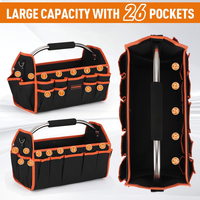 Kowsinde 18 Inch Tool Bag, Electrician Tool Bag, Open Top Tool Bags, 26 Pockets Can Hold Many Tools, Steel Handle and Removable Shoulder Strap - Image 4