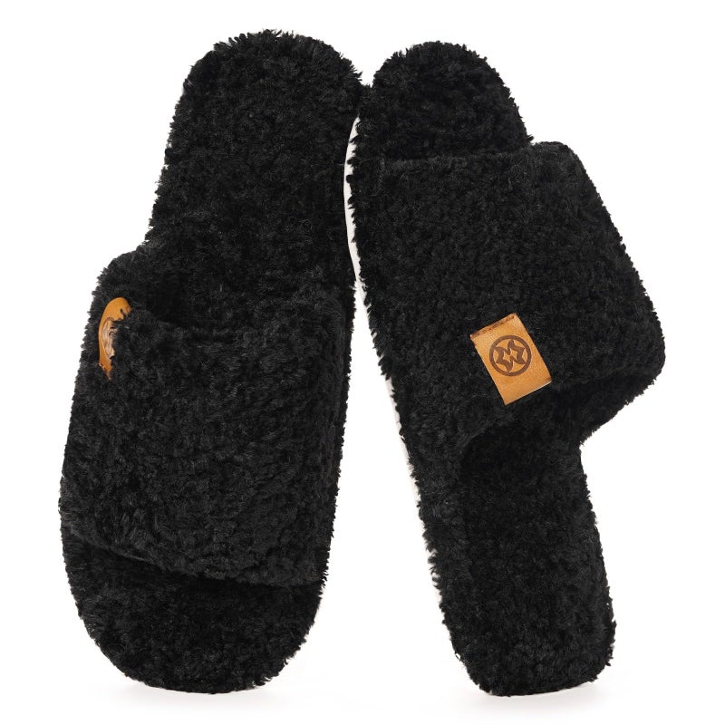 Dokela Fuzzy Open Toe Slippers for Men Soft Memory Foam Indoor House Shoes Slip On Cozy Bedroom Slippers Lightweight Non-Slip Home Slides,Black,US 10-11 / EU 44-45 - Image 1