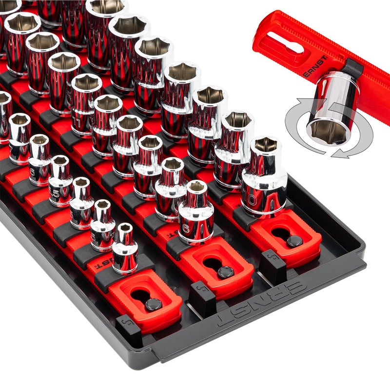 Ernst Manufacturing 8490 Socket Boss 3Rail Socket Organizer Tool Tray with 40 Clips 14 38 12  Red 13Inch Rails for Toolbox Storage  Made in USA
