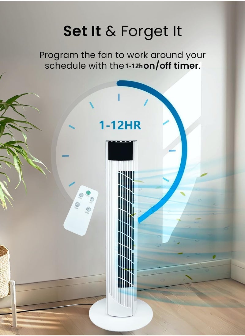 Tower Fan with Remote Control 36'' cooling Fan with 3 Speeds 3 Modes 1-12 Hour Digital Timer LED Light Indicator 90° Oscillating Fans Powerful Energy-Efficient Electric Smart Fan (White)