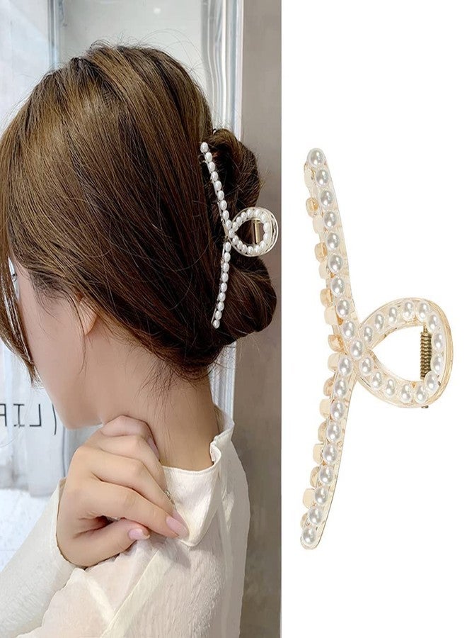 Bakefy 2 White Pearl Hair Claw Clips, Non-slip Hair Jaw Clips, Big Medium Small Hair Clips Barrettes, Decorative Hair Accessories for Thick or Thin Hair Clamp for Women and Girls - Image 1