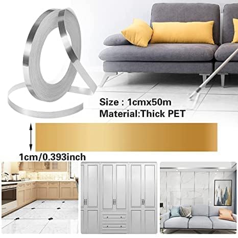 Generic J S (1cm x 50m Floor Tiles Gold Foil Lines Metalized Mirror Tape, Self-Adhesive Tile Seam Sticker, Waterproof Gap Sealing Foil Decor Tape for Wall, Cabinet, Kitchen(Silver)  - Image 2
