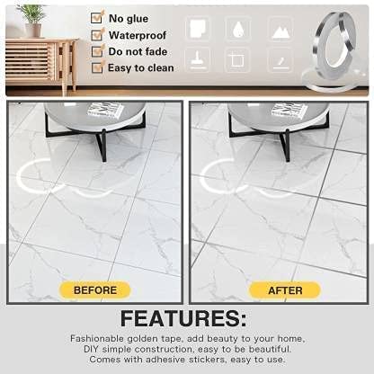 Generic J S (1cm x 50m Floor Tiles Gold Foil Lines Metalized Mirror Tape, Self-Adhesive Tile Seam Sticker, Waterproof Gap Sealing Foil Decor Tape for Wall, Cabinet, Kitchen(Silver)  - Image 3