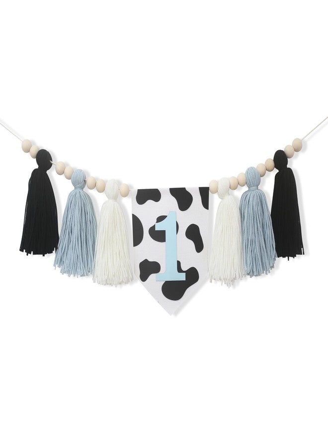HGFC Holy Cow 1st Birthday Tassels Banner - High Chair Tassels Wood Beads Garland Party Supplies, Blue Black White, Photo Props, Handmade - Image 1