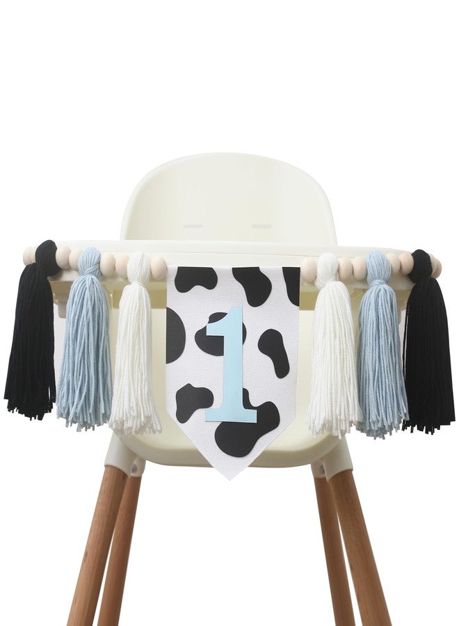 HGFC Holy Cow 1st Birthday Tassels Banner - High Chair Tassels Wood Beads Garland Party Supplies, Blue Black White, Photo Props, Handmade - Image 3