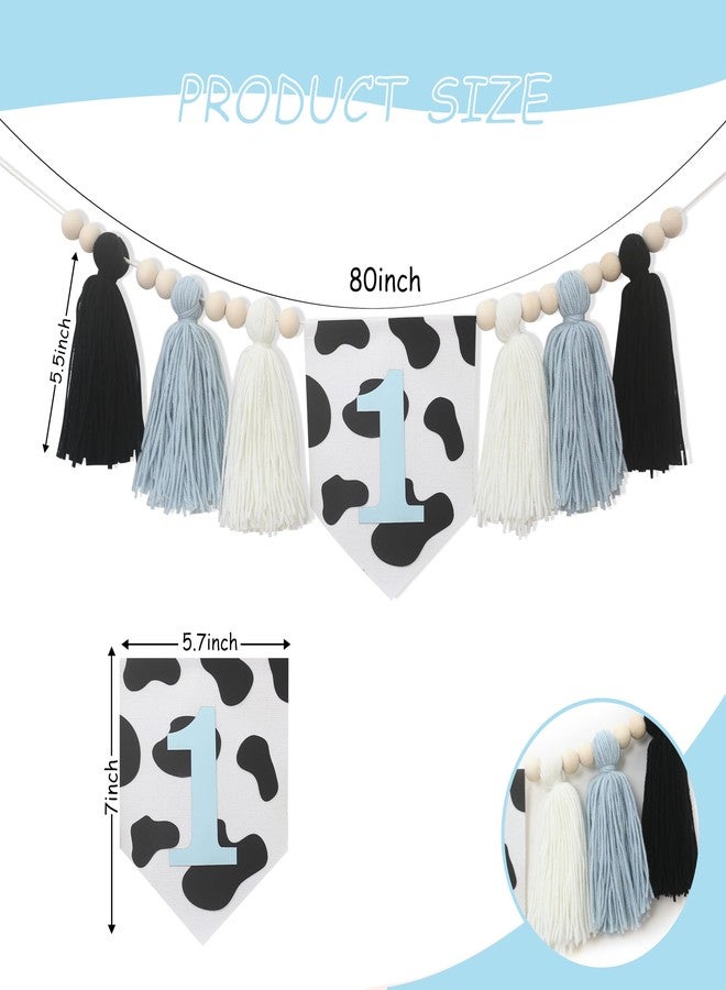 HGFC Holy Cow 1st Birthday Tassels Banner - High Chair Tassels Wood Beads Garland Party Supplies, Blue Black White, Photo Props, Handmade - Image 2