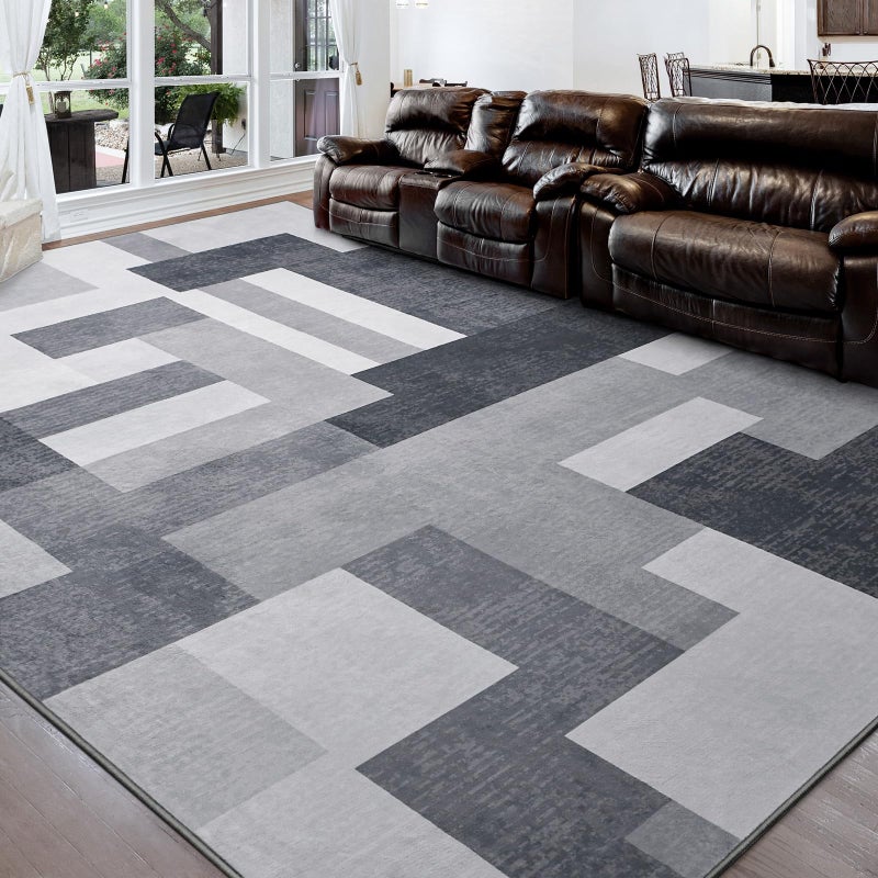 FlyDOIT Modern Geometric Patchwork Area Rug, 5x8 Gray Large Rugs for Living Room, Rockwood Collection Indoor Rugs for Bedroom, Throw Carpet Floor Decor for Entryway Dining Room Office Dorm Nursery - Image 1