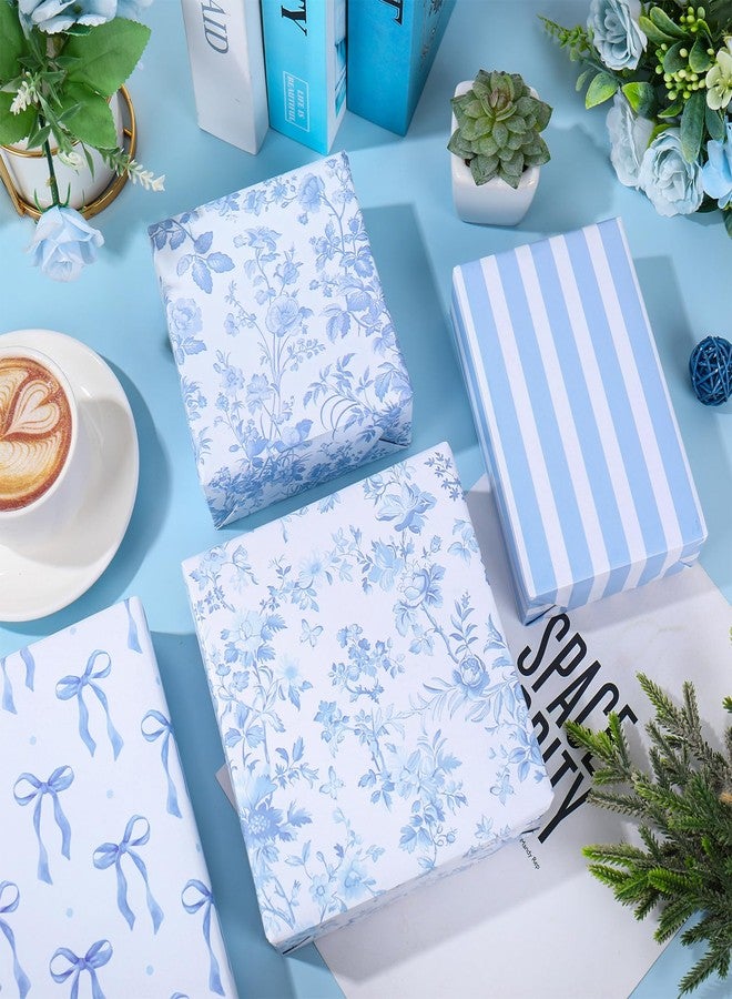 Whaline 20 Pcs Blue Bow Flower Wrapping Paper -Not Roll- Chinoiserie Floral Dots Stripe Plaid Gift Wrap Paper Folded Flat for Wedding Baby Shower Birthday Party DIY Craft, 19.7 x 27.6 Inch - Image 5