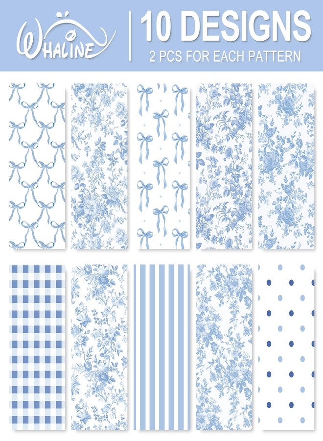 Whaline 20 Pcs Blue Bow Flower Wrapping Paper -Not Roll- Chinoiserie Floral Dots Stripe Plaid Gift Wrap Paper Folded Flat for Wedding Baby Shower Birthday Party DIY Craft, 19.7 x 27.6 Inch - Image 3