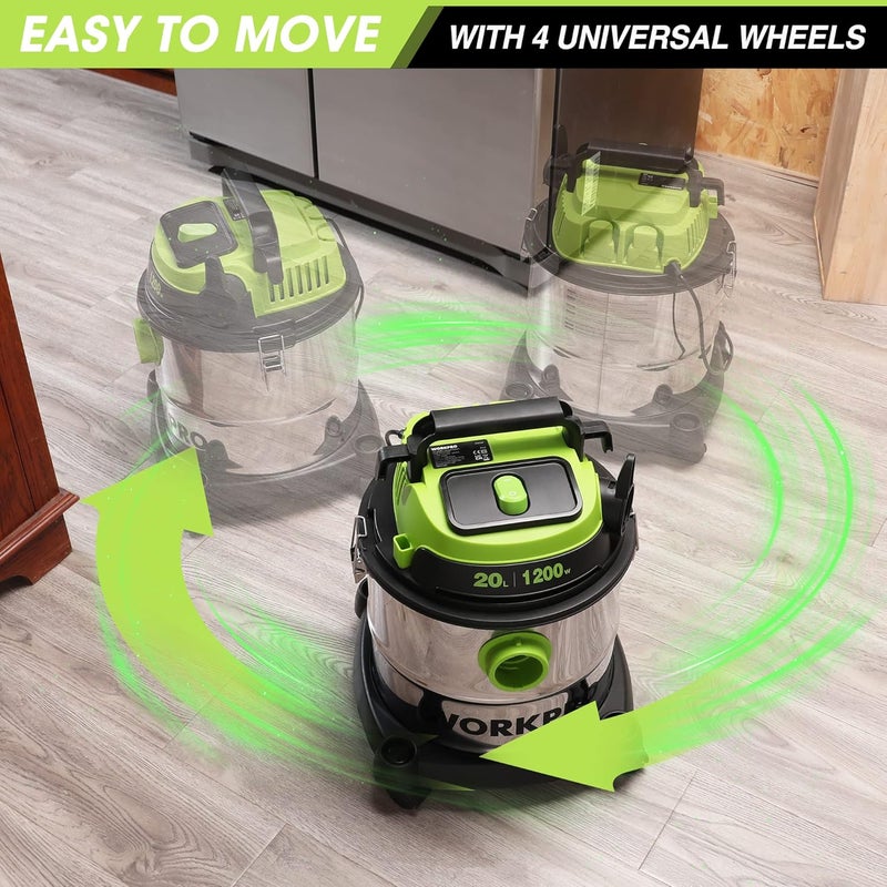ووركبرو WORKPRO 1200W 20L مكنسة كهربائية للتنظيف الرطب والجاف مزودة بفلتر HEPA، وظيفة منفاخ 3 في 1، جهاز استخراج غبار صناعي قوي مع خزان من الفولاذ المقاوم للصدأ للتنظيف الداخلي والخارجي - Image 5