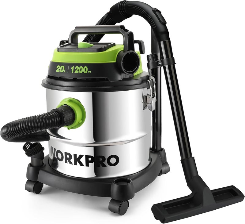 ووركبرو WORKPRO 1200W 20L مكنسة كهربائية للتنظيف الرطب والجاف مزودة بفلتر HEPA، وظيفة منفاخ 3 في 1، جهاز استخراج غبار صناعي قوي مع خزان من الفولاذ المقاوم للصدأ للتنظيف الداخلي والخارجي - Image 1