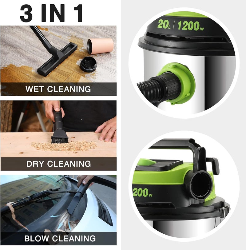 ووركبرو WORKPRO 1200W 20L مكنسة كهربائية للتنظيف الرطب والجاف مزودة بفلتر HEPA، وظيفة منفاخ 3 في 1، جهاز استخراج غبار صناعي قوي مع خزان من الفولاذ المقاوم للصدأ للتنظيف الداخلي والخارجي - Image 2