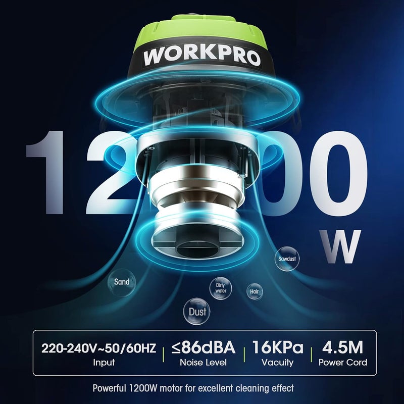 ووركبرو WORKPRO 1200W 20L مكنسة كهربائية للتنظيف الرطب والجاف مزودة بفلتر HEPA، وظيفة منفاخ 3 في 1، جهاز استخراج غبار صناعي قوي مع خزان من الفولاذ المقاوم للصدأ للتنظيف الداخلي والخارجي - Image 4