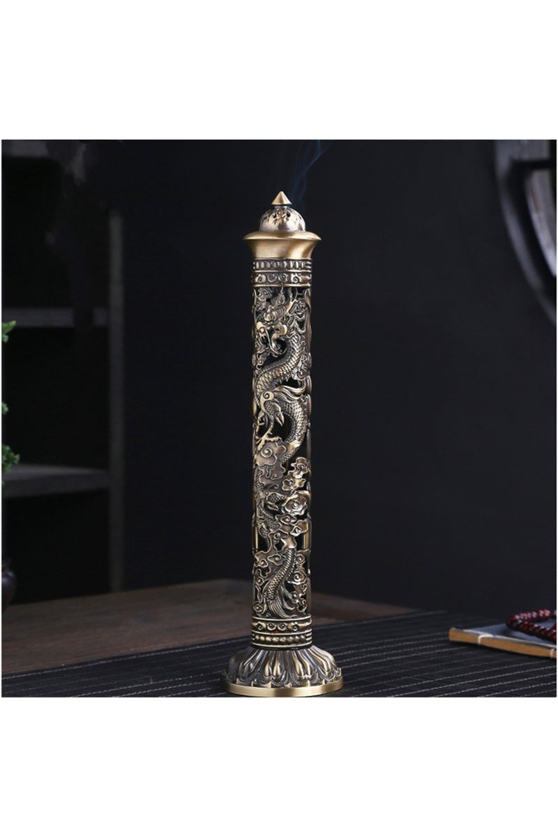 مبخرة بخور عمودية بتصميم عتيق، مزينة برسومات بوذا وقلب سوترا والتنين والعنقاء، مصنوعة من المعدن، للاستخدام المنزلي.