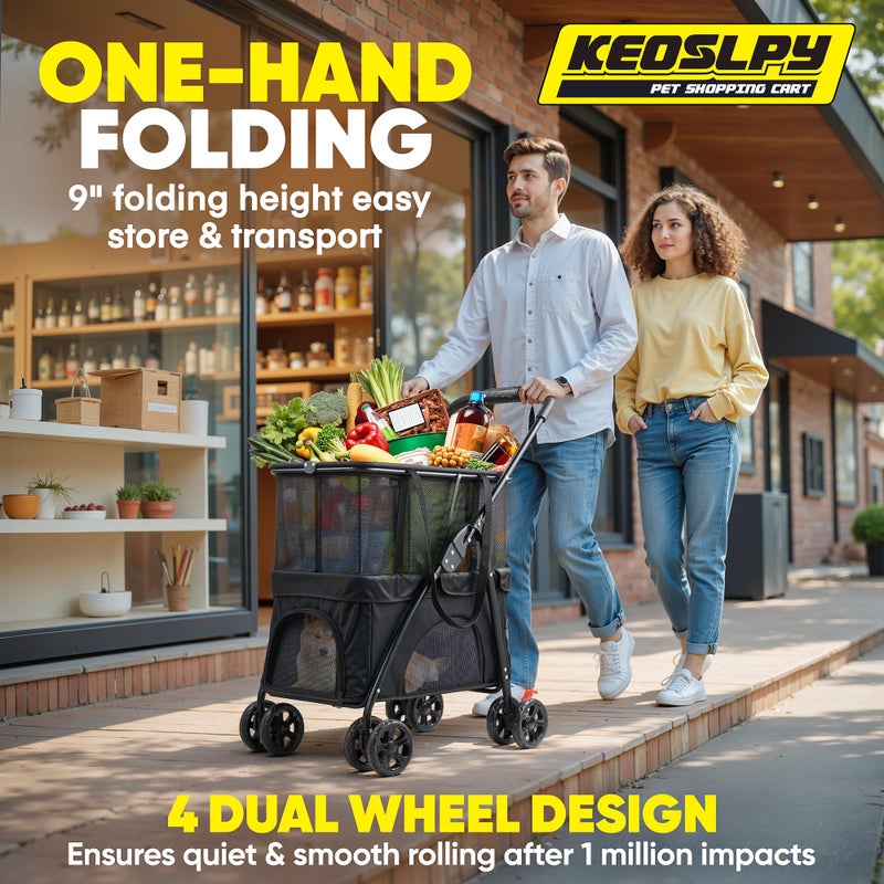 Keoslpy Folding Shopping Cart & Pet Stroller 99Lbs, 2-in-1 Personal Cart with Removable Basket & Lower Dogs Stroller, Portable for Groceries, Laundry, Camping & Pet Traveling - Image 4