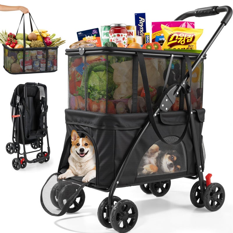 Keoslpy Folding Shopping Cart & Pet Stroller 99Lbs, 2-in-1 Personal Cart with Removable Basket & Lower Dogs Stroller, Portable for Groceries, Laundry, Camping & Pet Traveling - Image 1