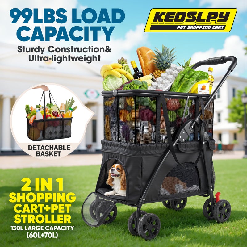 Keoslpy Folding Shopping Cart & Pet Stroller 99Lbs, 2-in-1 Personal Cart with Removable Basket & Lower Dogs Stroller, Portable for Groceries, Laundry, Camping & Pet Traveling - Image 2