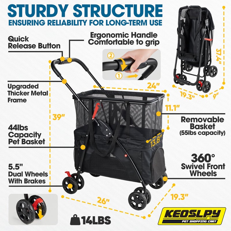 Keoslpy Folding Shopping Cart & Pet Stroller 99Lbs, 2-in-1 Personal Cart with Removable Basket & Lower Dogs Stroller, Portable for Groceries, Laundry, Camping & Pet Traveling - Image 5