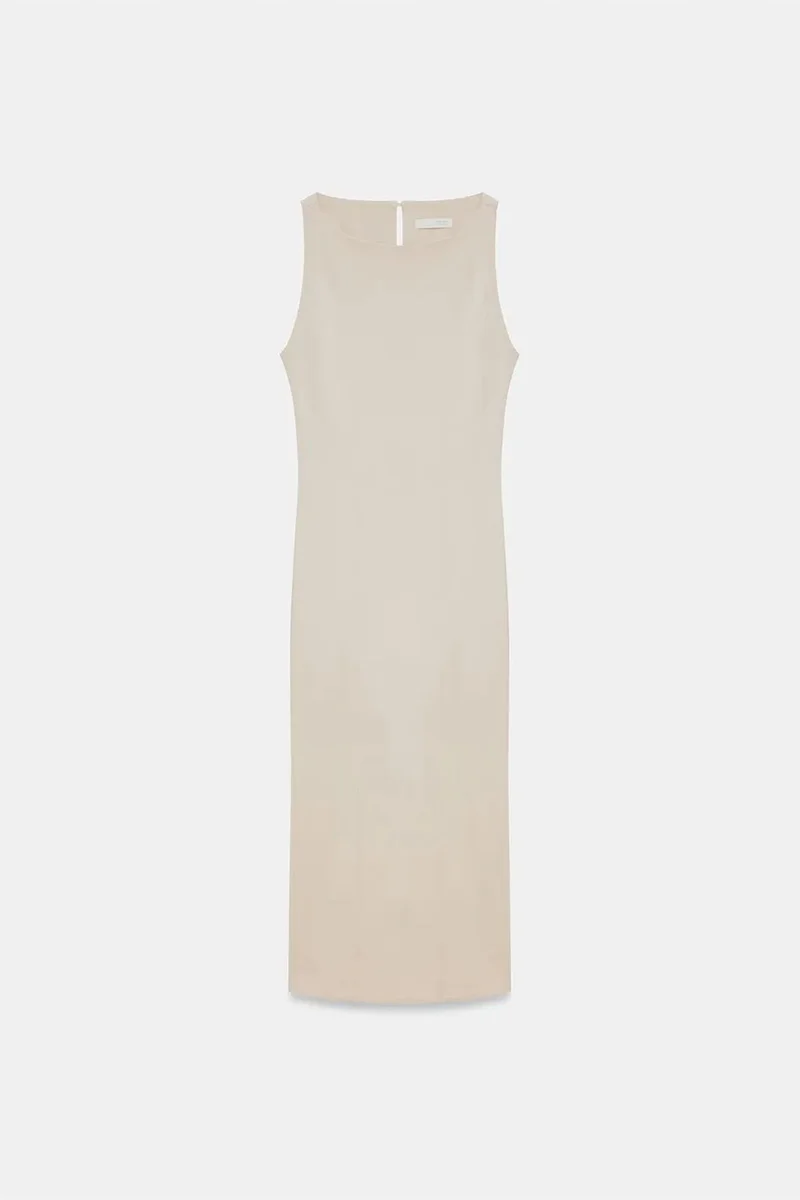 Dilvin Beige Natural DILVIN Sleeveless Midi Bodycon Dress With Slit for Women | Best Price UAE