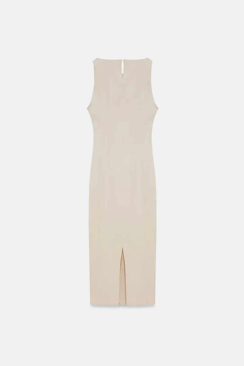 Dilvin Beige Natural DILVIN Sleeveless Midi Bodycon Dress With Slit for Women | Best Price UAE