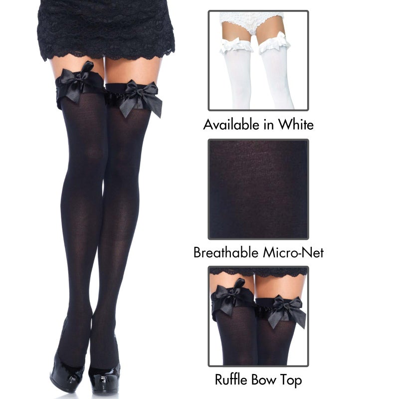 Leg Avenue Women's Satin Ruffle Trim and Bow Thigh Highs, Black, One Size - Image 3