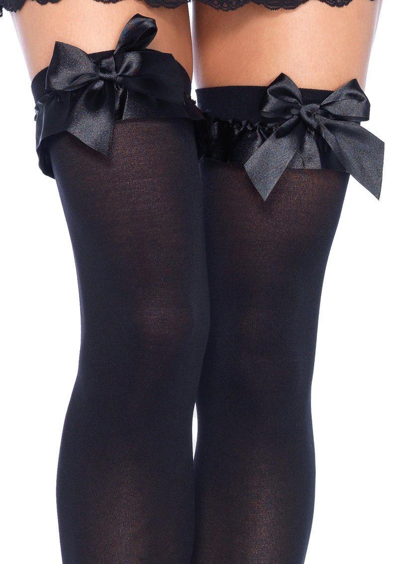 Leg Avenue Women's Satin Ruffle Trim and Bow Thigh Highs, Black, One Size - Image 2