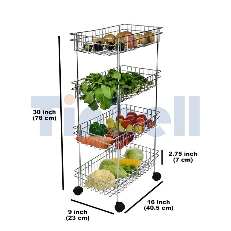 Tinbell Stainless Steel Multipurpose Storage Shelf Basket Kitchen Rack Four Perforated Trolley with Wheel Vegetable Fruit Organizer Kitchen Trolley 4 Shelf - Image 4