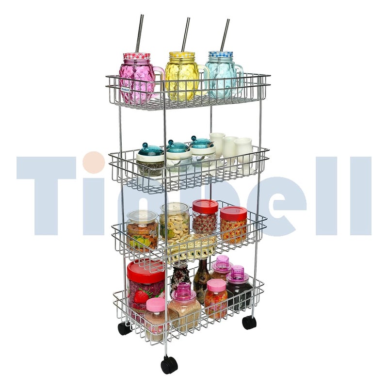 Tinbell Stainless Steel Multipurpose Storage Shelf Basket Kitchen Rack Four Perforated Trolley with Wheel Vegetable Fruit Organizer Kitchen Trolley 4 Shelf - Image 5