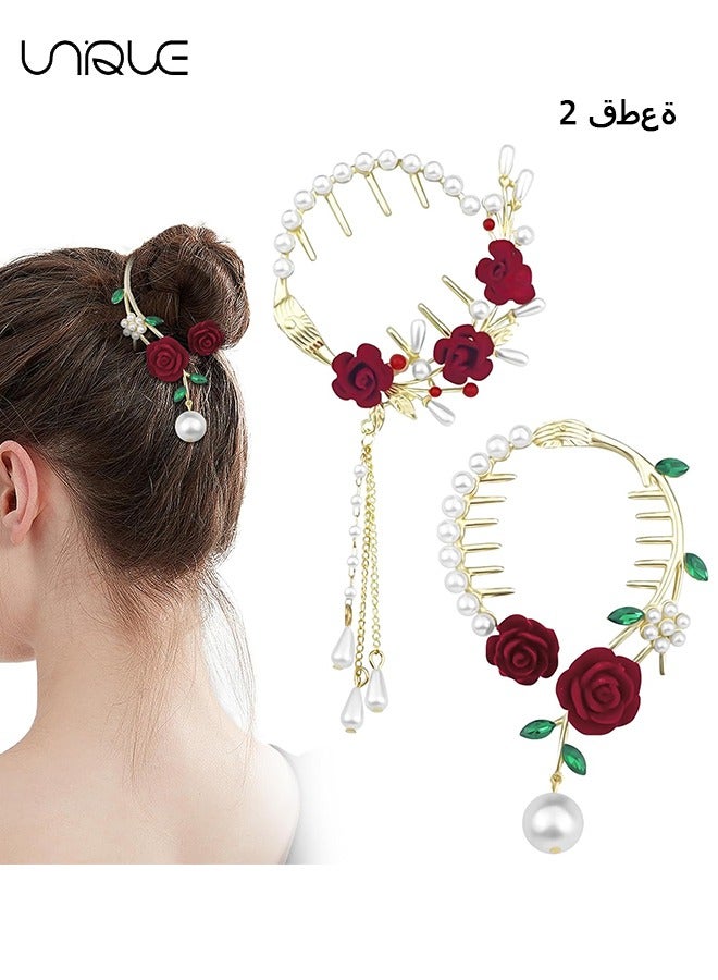 Unique 2 Pcs Rose Tassel Ponytail Hair Clips - Metal Hair Clips - High Ponytail Hair Clips - Chinese Decorative Accessories for Bride - Ladies and Girls - Image 1