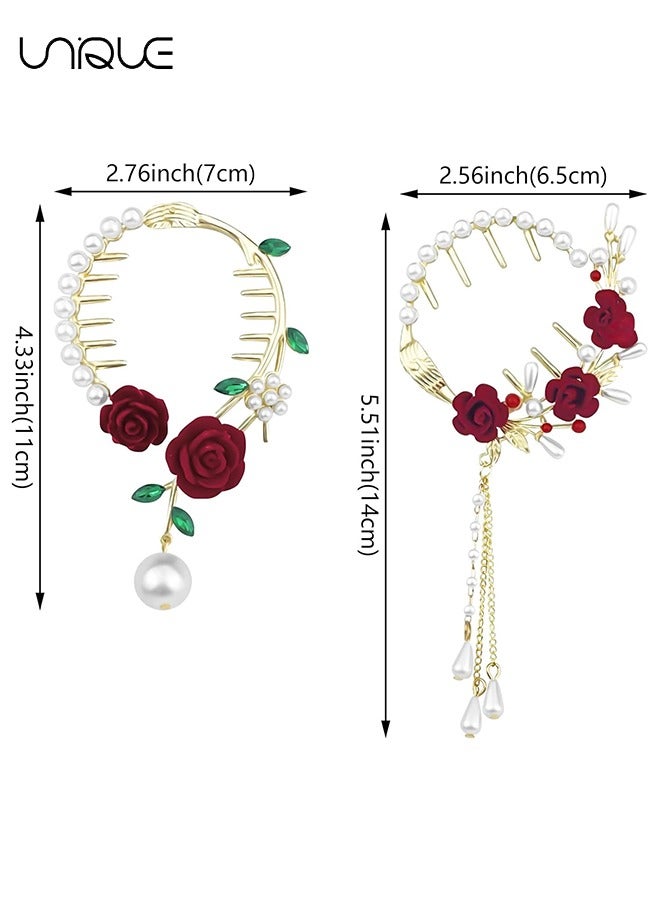 Unique 2 Pcs Rose Tassel Ponytail Hair Clips - Metal Hair Clips - High Ponytail Hair Clips - Chinese Decorative Accessories for Bride - Ladies and Girls - Image 2
