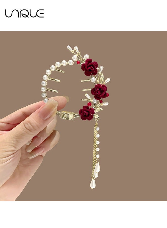 Unique 2 Pcs Rose Tassel Ponytail Hair Clips - Metal Hair Clips - High Ponytail Hair Clips - Chinese Decorative Accessories for Bride - Ladies and Girls - Image 3