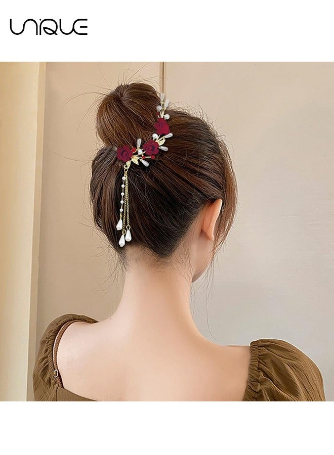 Unique 2 Pcs Rose Tassel Ponytail Hair Clips - Metal Hair Clips - High Ponytail Hair Clips - Chinese Decorative Accessories for Bride - Ladies and Girls - Image 5