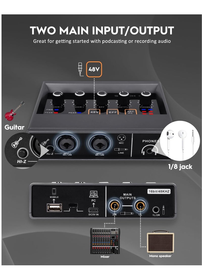 Audio Interface 2x2Computer Professional Audio Interface USB 2.0 with Touch Model Bit 48 kHz Music Interface with 48V Phantom Power for Live Streaming Podcasting Audio Interface for Mac PC - Image 4