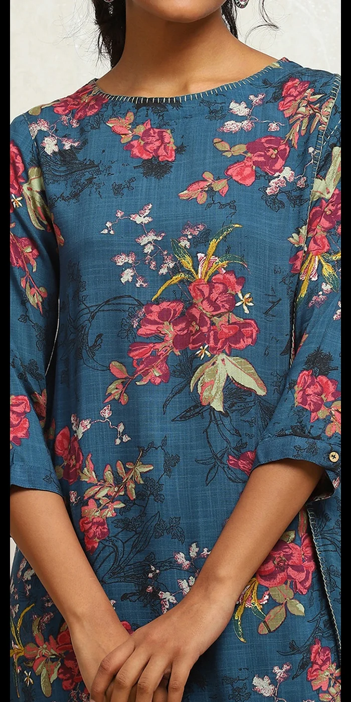 Biba Teal Blue Printed A-Line Suit Set