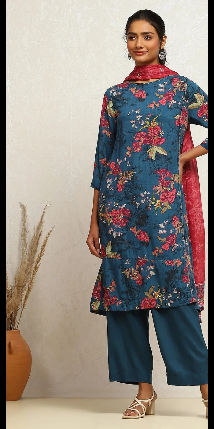 Biba Teal Blue Printed A-Line Suit Set