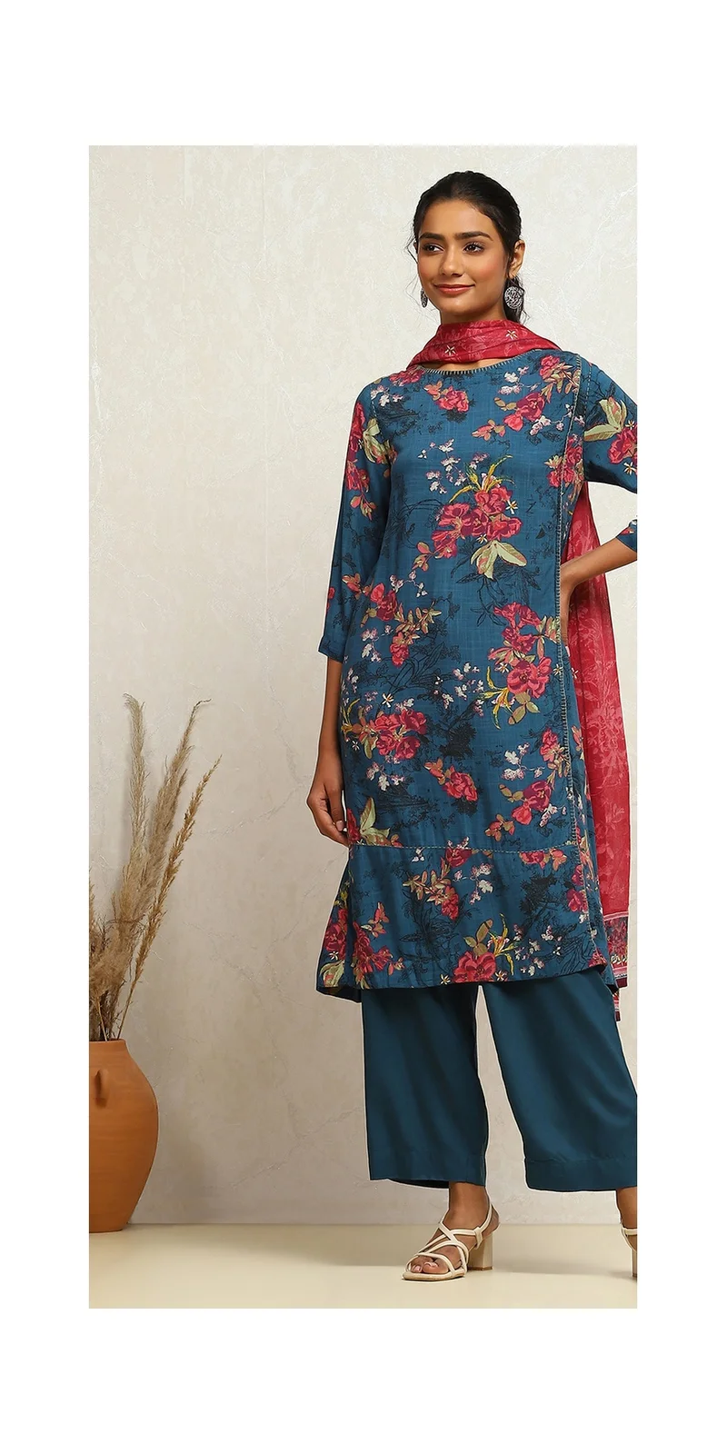 Biba Teal Blue Printed A-Line Suit Set