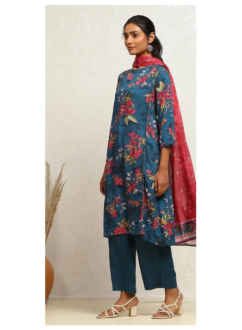 Biba  Teal Blue Printed A-Line Suit Set for Women | Best Price UAE