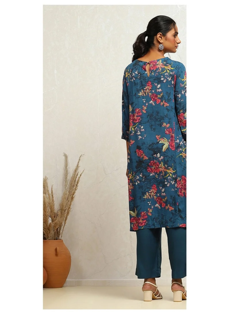 Biba  Teal Blue Printed A-Line Suit Set for Women | Best Price UAE