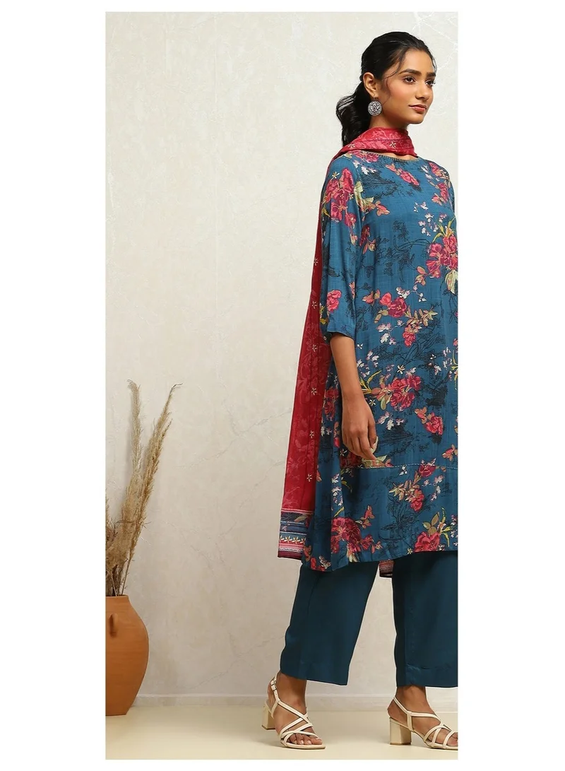Biba  Teal Blue Printed A-Line Suit Set for Women | Best Price UAE