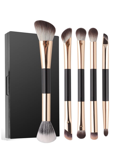 5PCS Travel Makeup Brush Set Double Sided - Angled Foundation Bronzer Blush Eyeshadow Eyeliner Under Eye Concealer Smudge Nose Contour with Liquid,Cream Powder with Compact Mirror Case