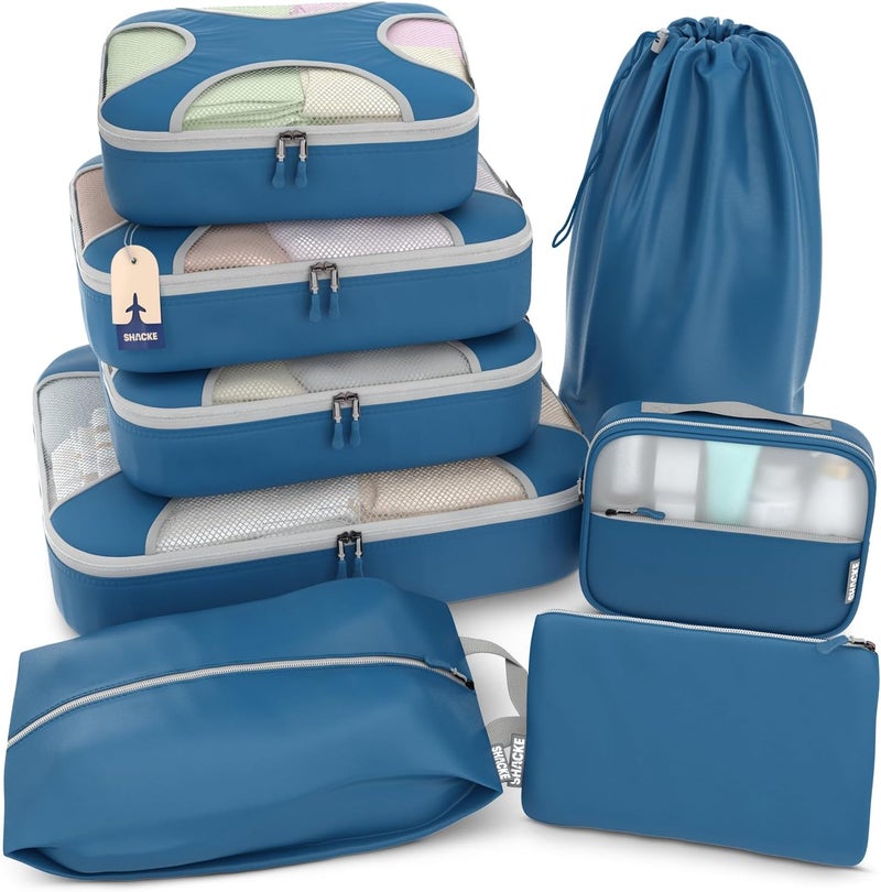 Shacke Premium Set of 8 Lightweight Mesh Travel Luggage Organizers with Laundry Bag, 8-Piece Suitcase Storage System (Navy) - Image 1