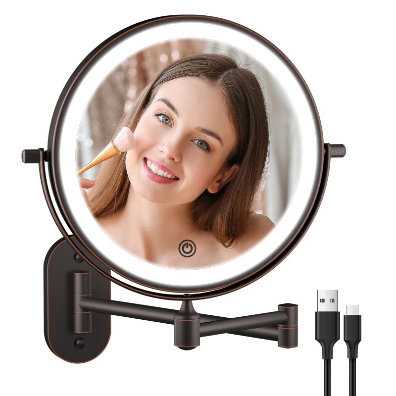 Rechargeable Wall Mounted Lighted Makeup Vanity Mirror 8 Inch Double Sided 1X 10X Magnifying Bathroom Mirror 3 Color Lighting Touch Dimming Extended Arm 360 Rotation Light up Mirror Antique Bronze