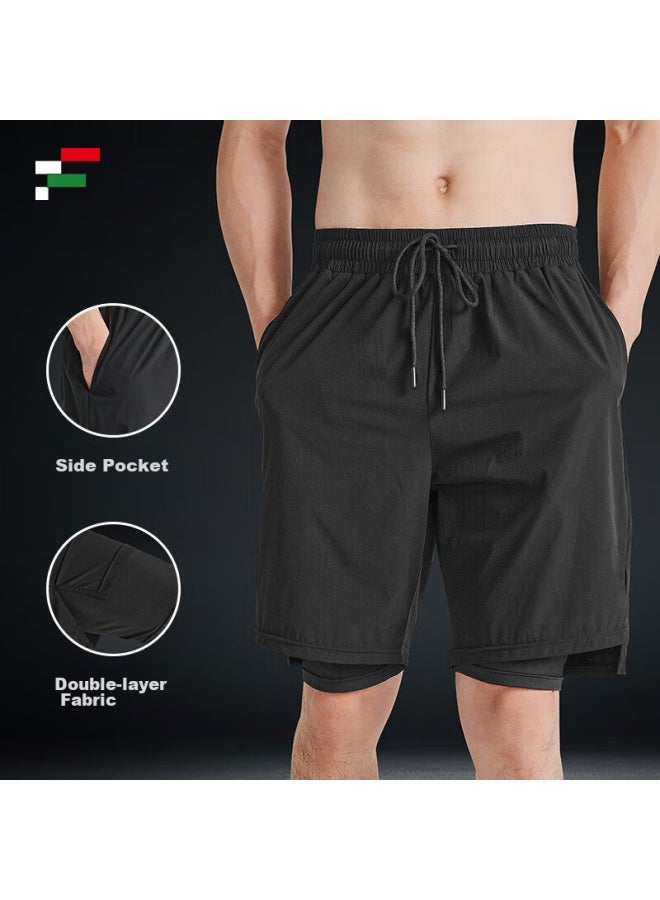 Fandimu Men's Sports Shorts, Marathon Black, Double-layer Lining, Fitness Quick-dry Five-point Shorts, Black, XL - Image 5