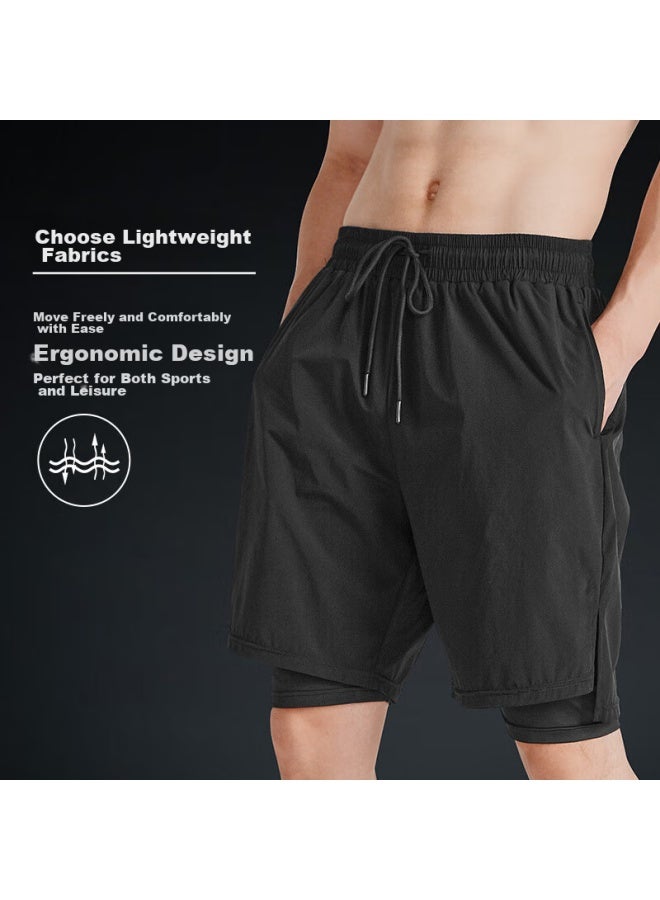 Fandimu Men's Sports Shorts, Marathon Black, Double-layer Lining, Fitness Quick-dry Five-point Shorts, Black, XL - Image 2