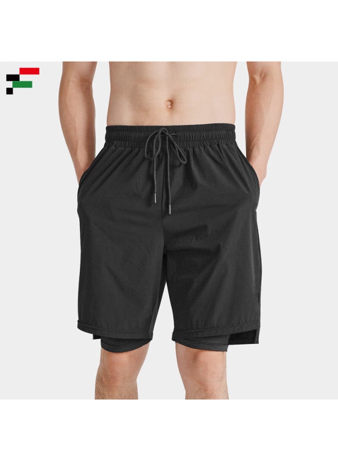 Fandimu Men's Sports Shorts, Marathon Black, Double-layer Lining, Fitness Quick-dry Five-point Shorts, Black, XL - Image 1