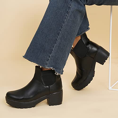 XE Looks 100% Vegan Leather Women's Black Ankle Boots | Comfortable Slip-On Design with Block Heel | Durable Leather Upper & Elastic Sides Boots For Girls & Women - Image 4