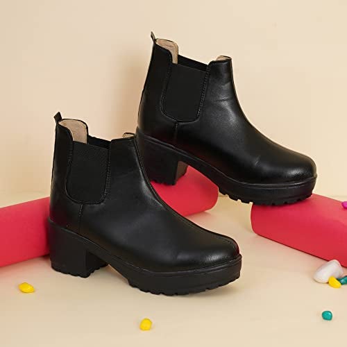 XE Looks 100% Vegan Leather Women's Black Ankle Boots | Comfortable Slip-On Design with Block Heel | Durable Leather Upper & Elastic Sides Boots For Girls & Women - Image 2