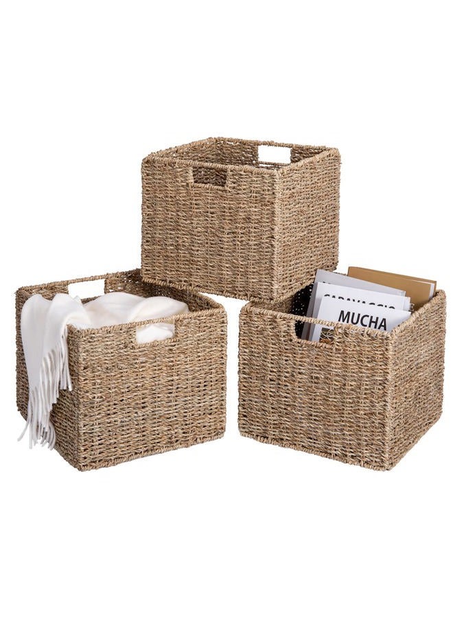 DINGTAI Seagrass Storage Baskets, 12X12X10in Cube Wicker Storage Basket for Shelves, Pantry Baskets Organization and Storage, Kitchen Storage Baskets, Bathroom Shelves Storage Basket, Basket Set of 3 - Image 3